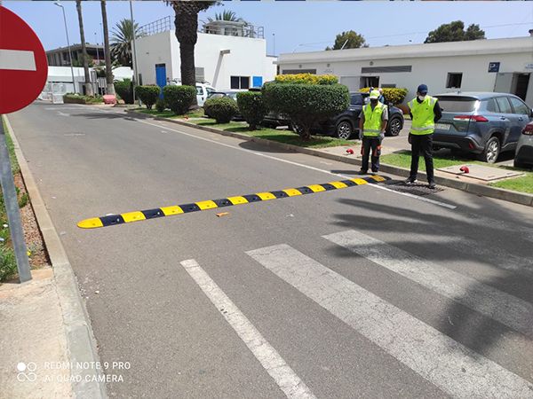 Speed bump installation at a pedestrian crossing
